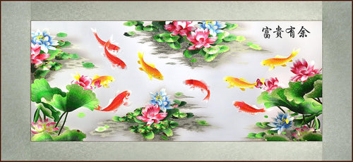 , Extra Large, Oblong Asian Silk Embroidery Art Wall Hanging, Wide Format, Fish